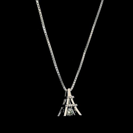 Eifel Tower with Dangling Solitaire 925 Sterling Silver Necklace